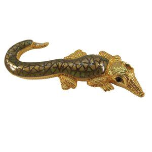Gold Toned Alligator Brooch with Green Enamel Detailing
